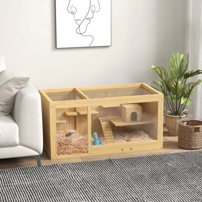 Cage à hamster en bois Pawhut, très grande cage à gerbille, cage multicouche pour petits animaux pour hamster nain, centre d'activités avec plateau coulissant, balançoire à bascule, bouteille d'eau, échelle, plateau ouvert