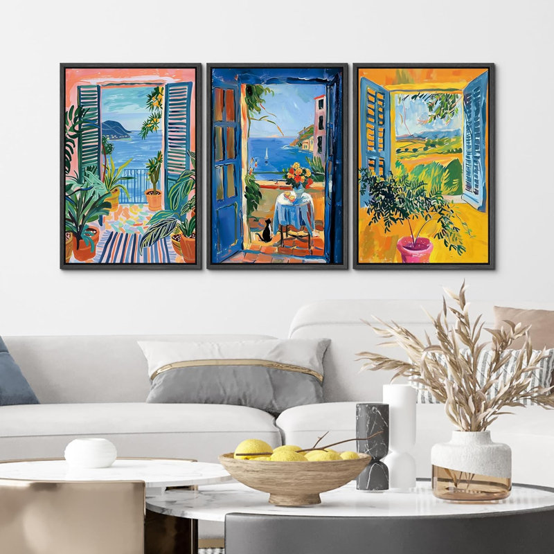 "Fenêtre ouverte vibrante avec vue sur un paysage méditerranéen, décor moderne, calme minimal, détente douillette pour la chambre à coucher" 3 pièces