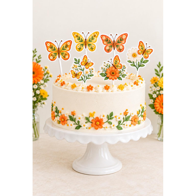 Orange Butterfly Cake Decorations, Baby Shower Garden Toppers, Yellow Floral Picks
