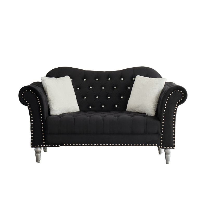 Causeuse rembourrée en velours 65 po 65 po - Canapé 2 places compact avec 2 coussins gratuits, Black