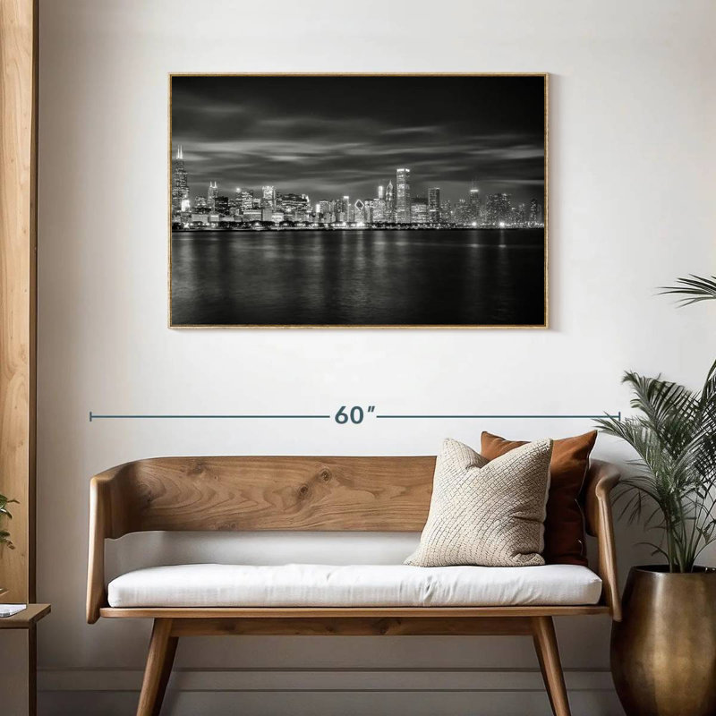 Chicago City - monochrome, 43 po x 29 po, Cadre flottant en bois naturel