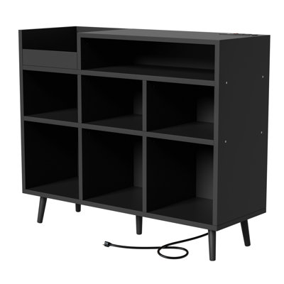 Meher 45" W Vinyl Record Storage Cabinet with Charging Station, Adjustable Open Shelves