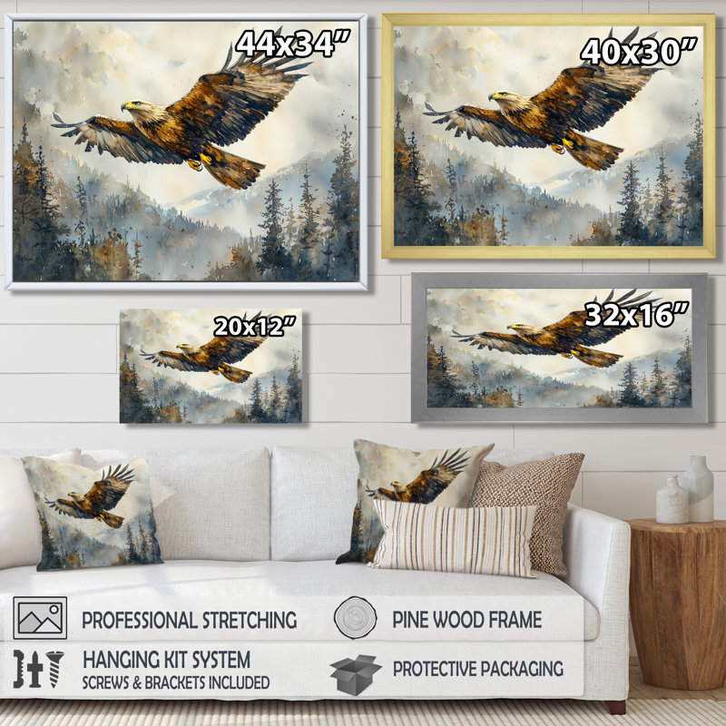 Aigle brun surplombant la vallée - oiseau, art mural, Cadre flottant, H 24 po x l 32 po, Blanc