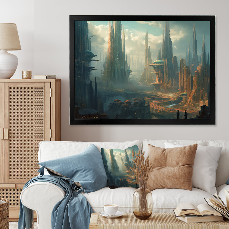 Futuristic City I, reproduction d'art sur toile, H 16 po x l 32 po x P 1 po, Cadre photo noir
