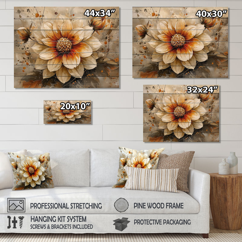 Abstract Orange Dahlia Glow II - Dahlia Wood Wall Decor - On Natural Pine Wood, 10" H x 20" W x 0.78" D