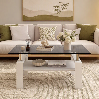 Table basse rectangulaire, plateau de table en verre trempé avec panneau de fibres à densité moyenne, table moderne pour le salon, verre gris