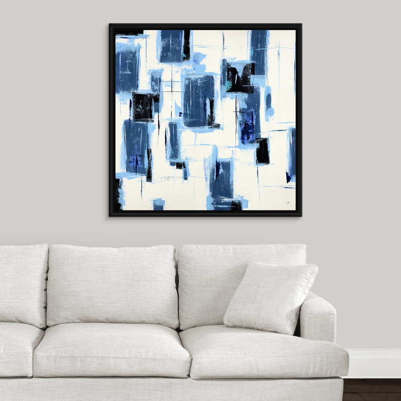 « sensation blue », peinture sur toile, H 37,7 po x l 37,7 po x P 1,75 po, Cadre flottant noir