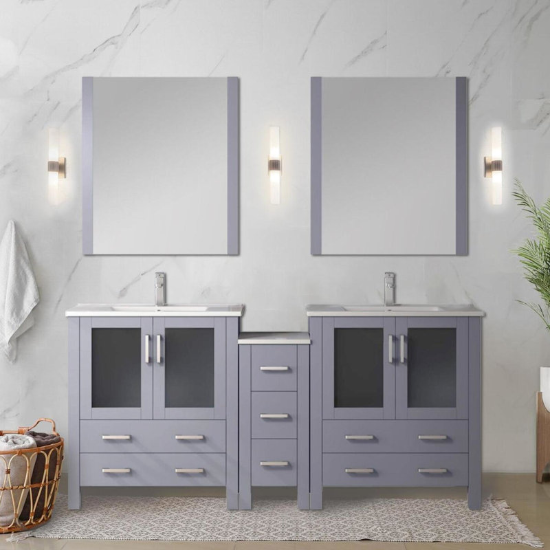 Gris foncé foncé de 72 po Meuble-lavabo double large avec armoires latérales, robinet en acier inoxydable, 28 miroirs et comptoir à taches Scratch