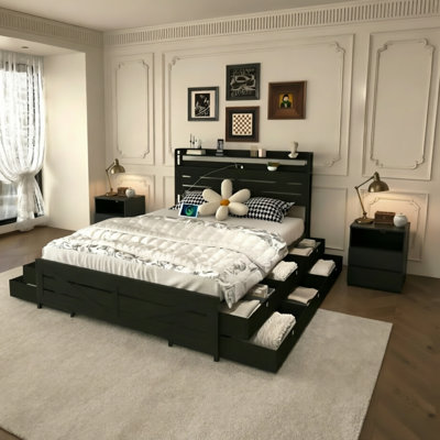 Ensemble de chambre à coucher de ferme 3 pièces, 1 grand lit avec 12 tiroirs à DEL et station de charge
