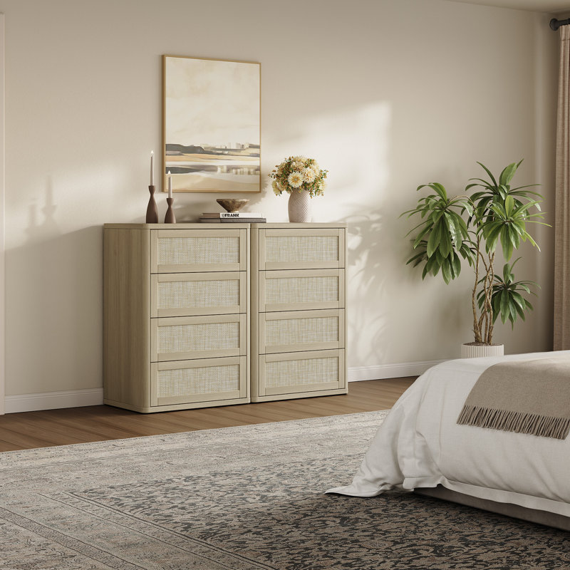  Commode 4 tiroirs Consiglia Boho-Rattan, Chêne sablé