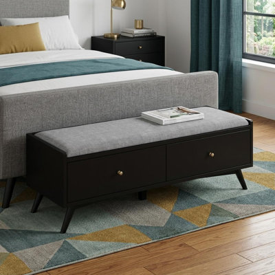  Banc de rangement rembourré en tissu 59 po gris et noir avec tiroirs