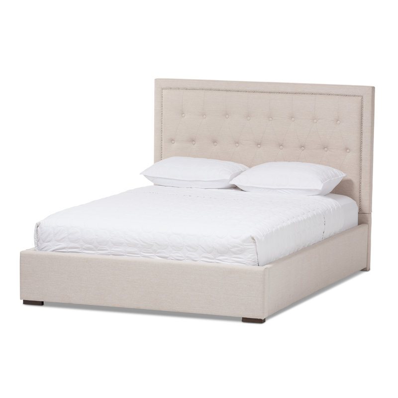 Upholstered Platform Storage Bed, Light Beige