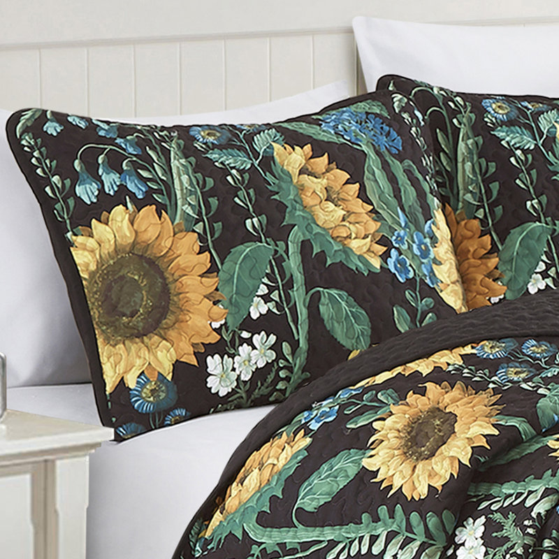 Sunny Floral Black and Yellow Queen Bedspread Set