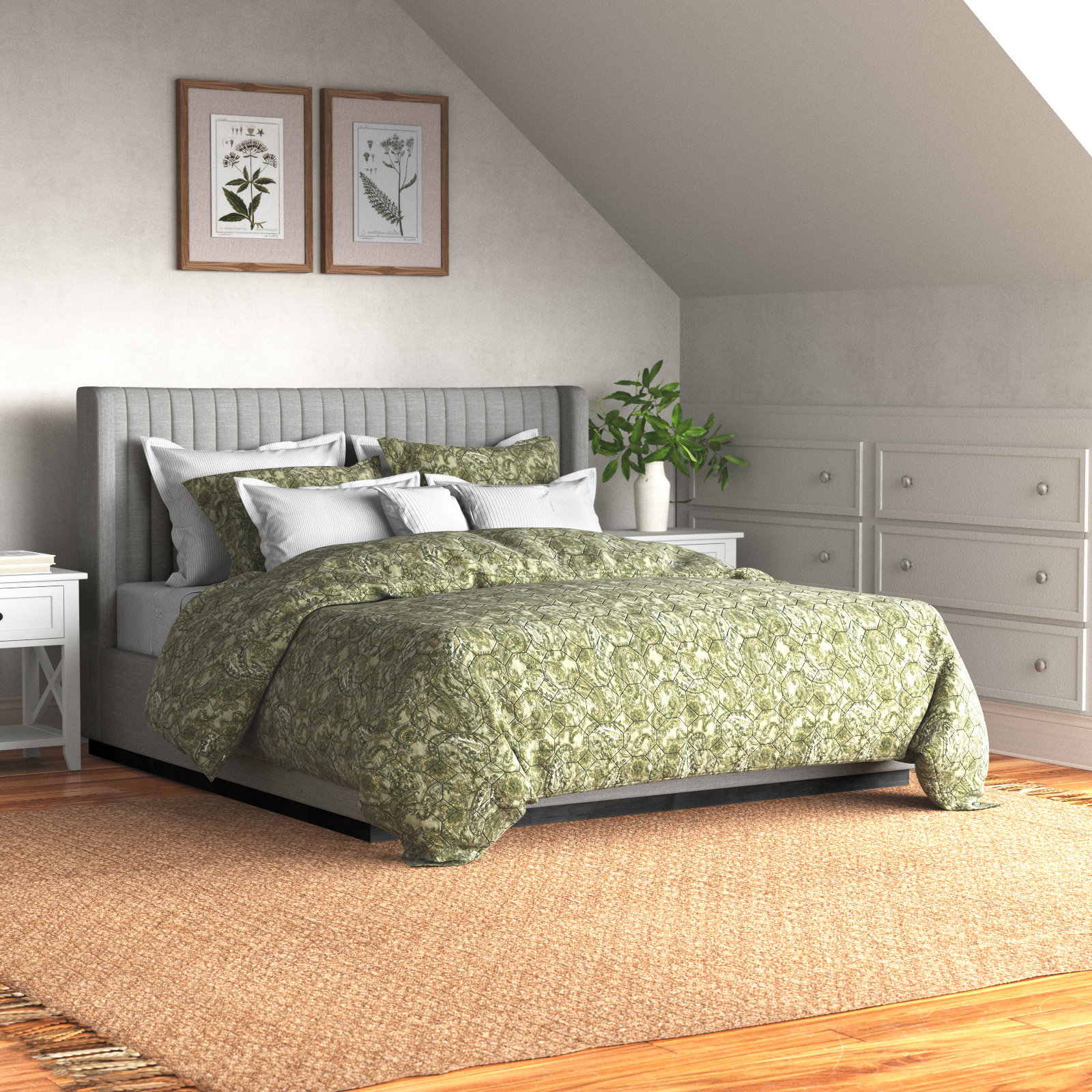 Chamblis Linen Upholstered Bed, King, Grey Linen Textured Fabric