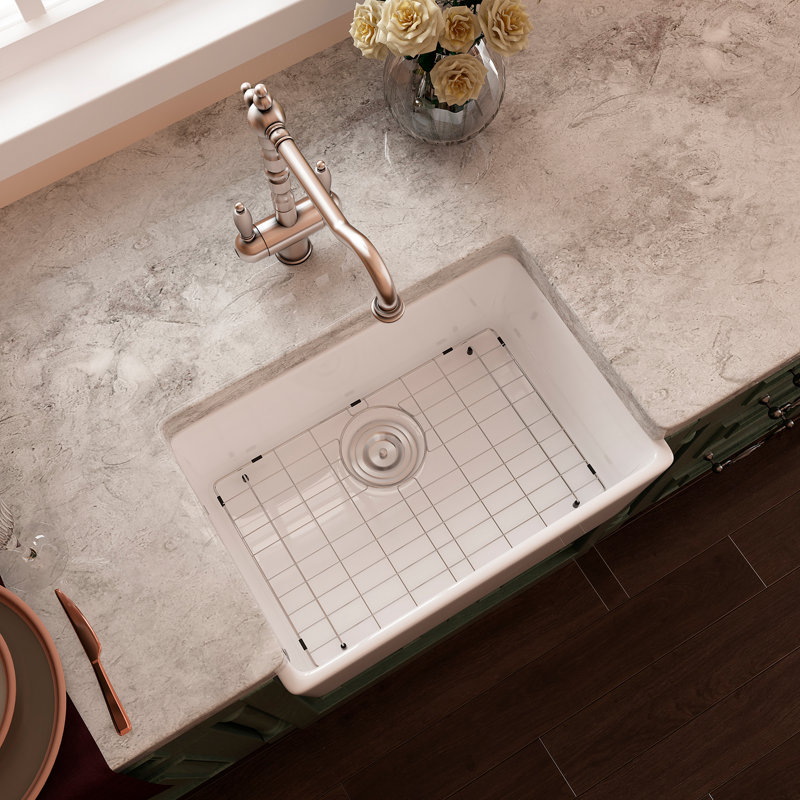 Oslo 23.8" L x 16" W Ceramic Farmhouse Kitchen Sink with Basket Strainer and Bottom Grid