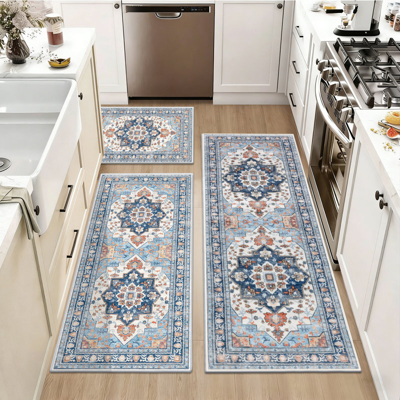 Washable Non Slip Kitchen Rug Kitchen Mat (Set of 3), Blue