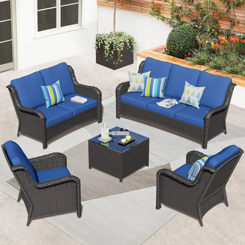 7 - Person Outdoor Seating Group With Cushions, Brown, Navy Blue