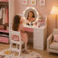 Bureau de coiffeuse pour enfants avec miroir lumineux et tabouret