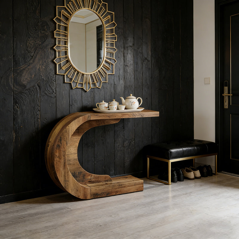 Console moderne en forme de C inspirée des vagues avec une fabrication en bois d'ingénierie robuste et une conception intelligente.