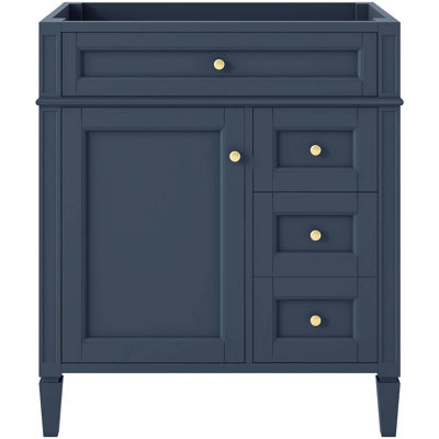 Meuble-lavabo de 30 po pour le rangement, 3 tiroirs, organisateur de porte d'armoire, tablette réglable, tiroir coulissant, glissières de tiroir en métal lisse, style moderne, bleu, bois massif et poignée texturée, pieds romains