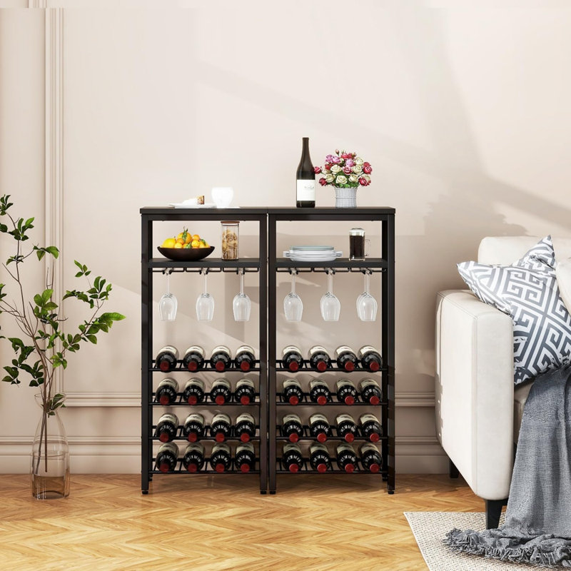 Floor Freestanding Wine Cabinet, 16 Bottles With Glass Holder, Brown, Black