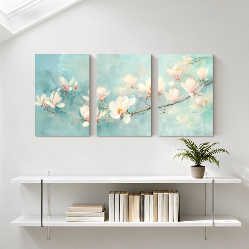 Magnolia fleurs de magnolia sur fond bleu pâle, ensemble de 3 impressions d'art sur toile, H 30 po x l 60 po