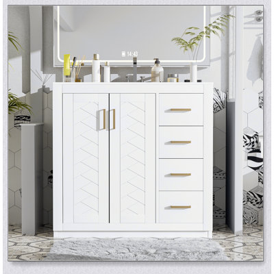 Meuble-lavabo autoportant de 36 pouces avec lavabo en céramique, structure en bois massif et rangement spacieux pour les salles de bain modernes et rétro