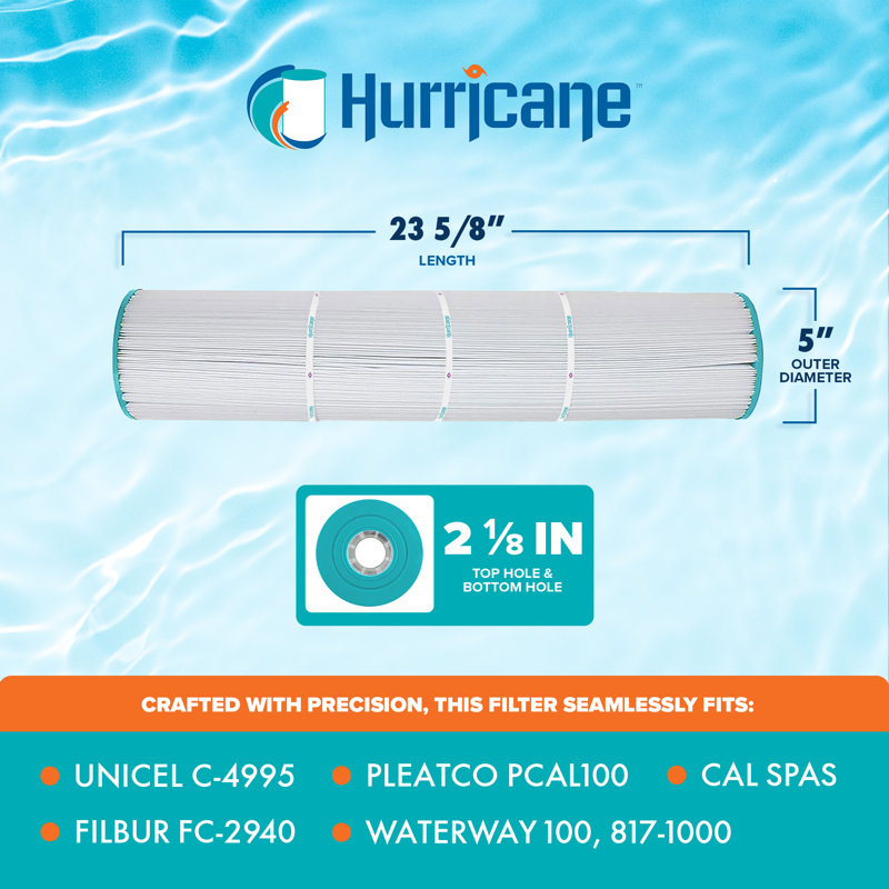 Hurricane Advanced Filter Cartridge for Unicel C-4995 and Pleatco PCAL100, White (4 Pack), 5" H x 5" W x 23.63" D