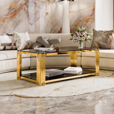 47.5" Modern Mirror Coffee Table Rectangle Asymmetrical Metal Gold & Lower Shelf