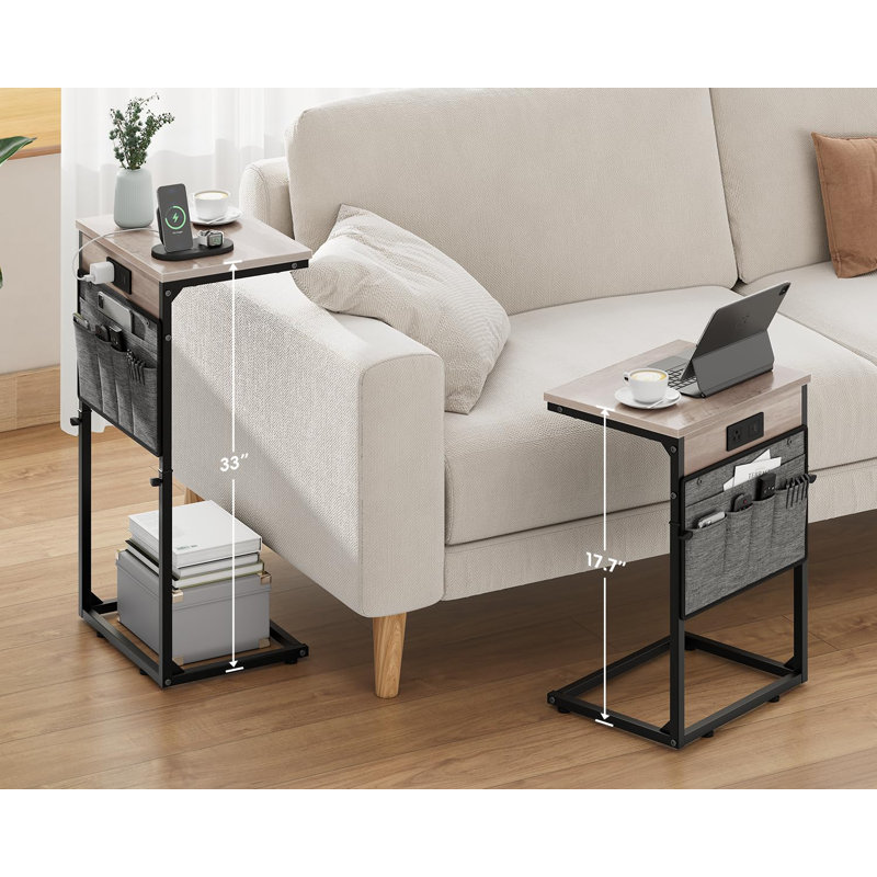 C Shaped End Table With Charging Station, 33" Tall Side Table For Couch, C Table Adjustable Height Small Couch Side Table, Slide Under Sofa Table TV Tray Arm Table For Living Room, Greige