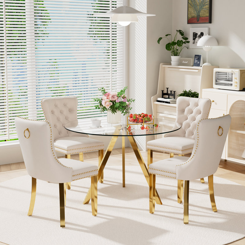 5-Piece Pedestal Gold Dining Set, Beige, 30" H x 39" W x 39" D