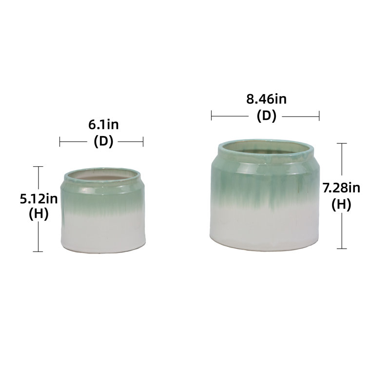 Set of 2 Gradient Ceramic Flowerpot, Modern Planter for Patio, Garden, Windowsill -, White/Green