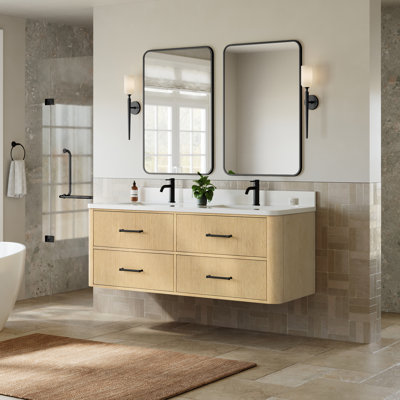 Francesca WM 60 Inch Double Wall Mounted Bathroom Vanity in Scandinavian Oak, Rounded White Quartz Countertop, Undermount Square Sinks (1-Hole), Matte Black Trim