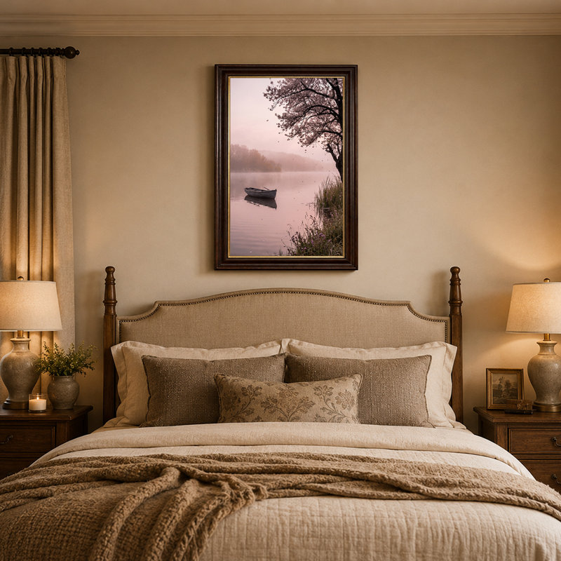 Toile en bois sur un lac brumeux rose sous un arbre en fleurs, art mural, 18"H x 12"W