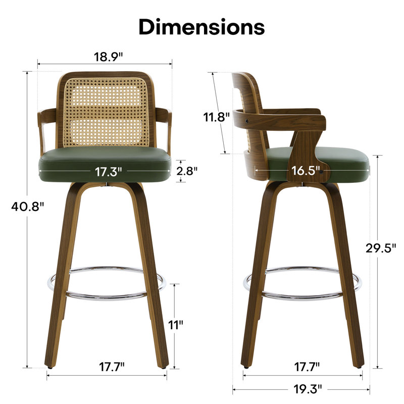 26.77" Upholstered Cane Back Counter & Bar Stool With Armrest, Green, 1