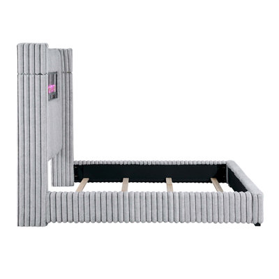 Lit de luxe grand avec tête de lit à oreilles, foyer encastré et haut-parleur, revêtement en velours côtelé (matelas non inclus)