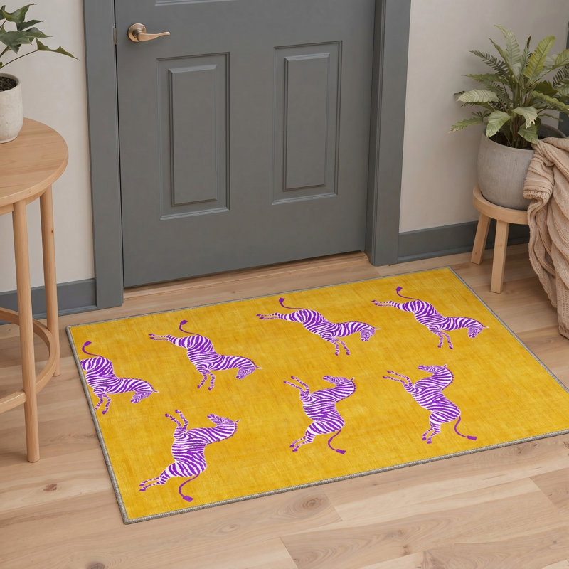 Aldovin Zebralume Animal Print Machine Washable Purple / Yellow Indoor Area Rug with Non-Slip Backing, Rectangle 9' x 12'