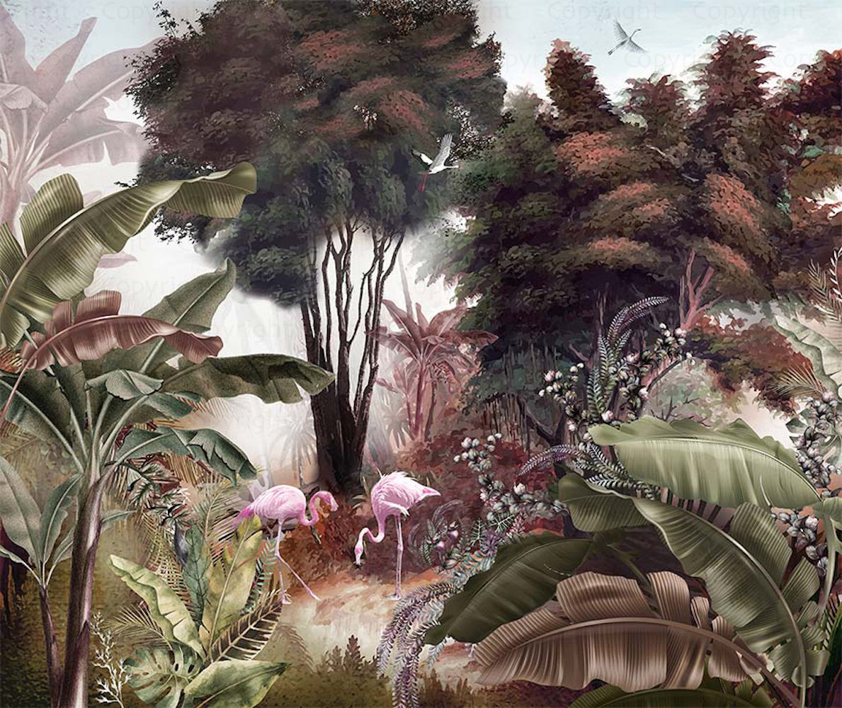 Bayou Breeze Exotic Jungle Mural Vibrant Flamingos And Tropical Foliage ...