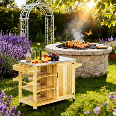 Îlot de cuisine avec plateau en acier inoxydable, chariot de barbecue extérieur avec roulettes