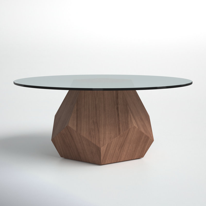 Round Smoked Glass Coffee Table with Walnut Pedestal Base