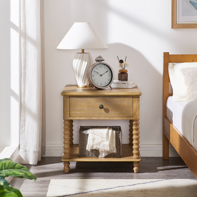 24" Solid Wood End Table with Drawer & Shelf, Side Table with Spindle Leg for Living Room & Bedroom, Beige