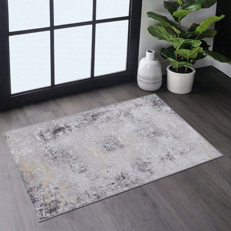Machine Washable Area Rug Chenille Non Slip Low Pile Gray Gold Doormat Rug 2' x 3', Gray