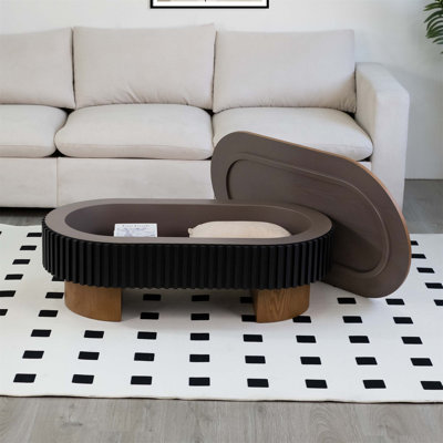 Table basse elliptique avec rangement caché et plateau amovible, placage en bois massif pour les espaces de vie modernes