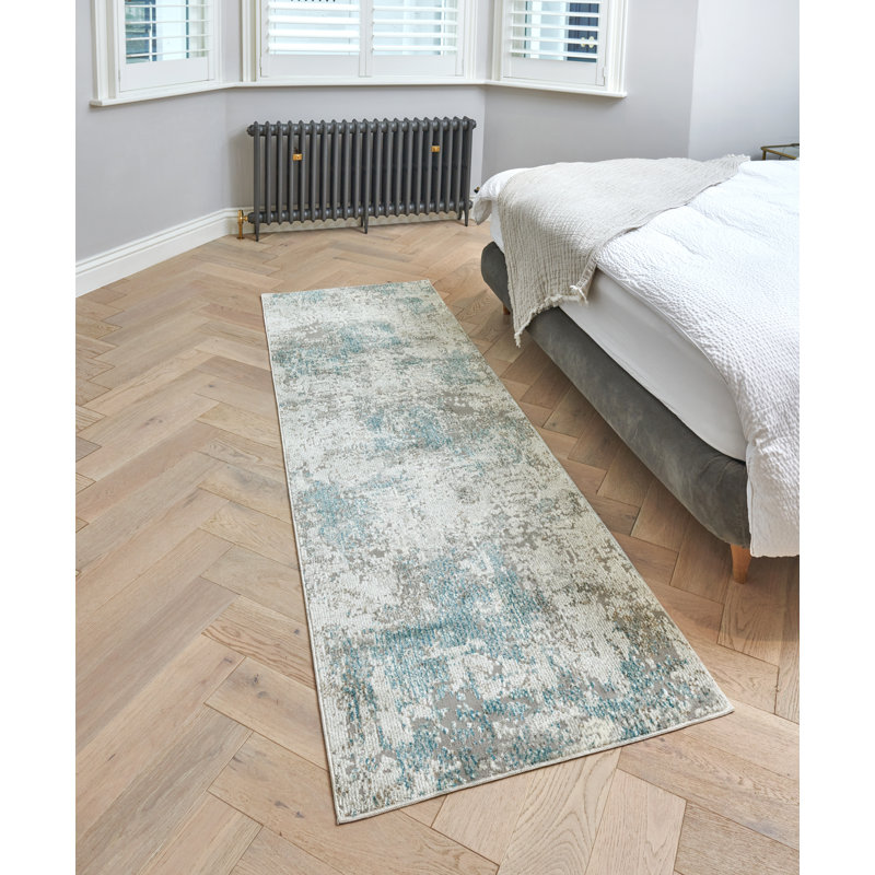Edgeworth Abstract Machine Woven Ivory Grey Teal Area Rug, Runner 80cm x 240cm