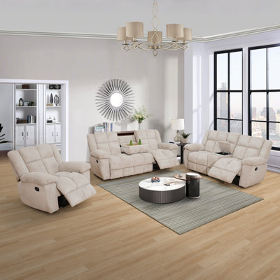Manual Reclining Couch Sofa Set With Drop-down Table, 3 Pieces Brown Corduroy Recliner Couch Sets, Living Room Furniture Sets, Recliner Sofa With Storage Console/cup Holder For Home/apartment