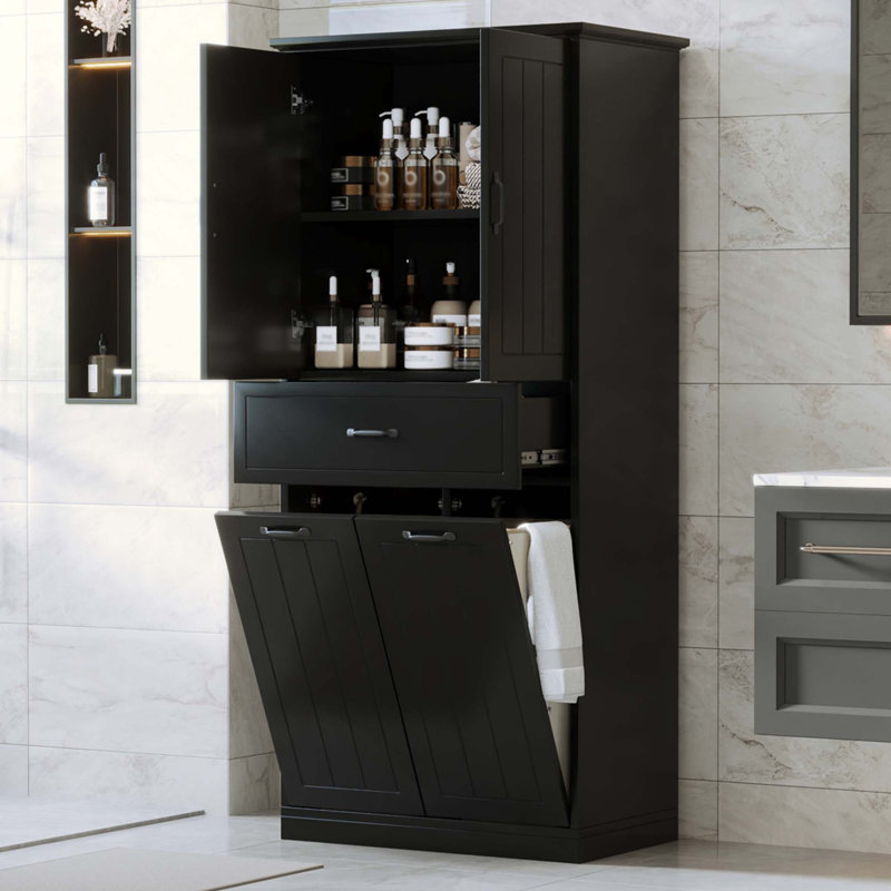 Bathroom Storage Cabinet With Two Laundry Baskets, 2 Doors And 1 Drawer For Home, Black