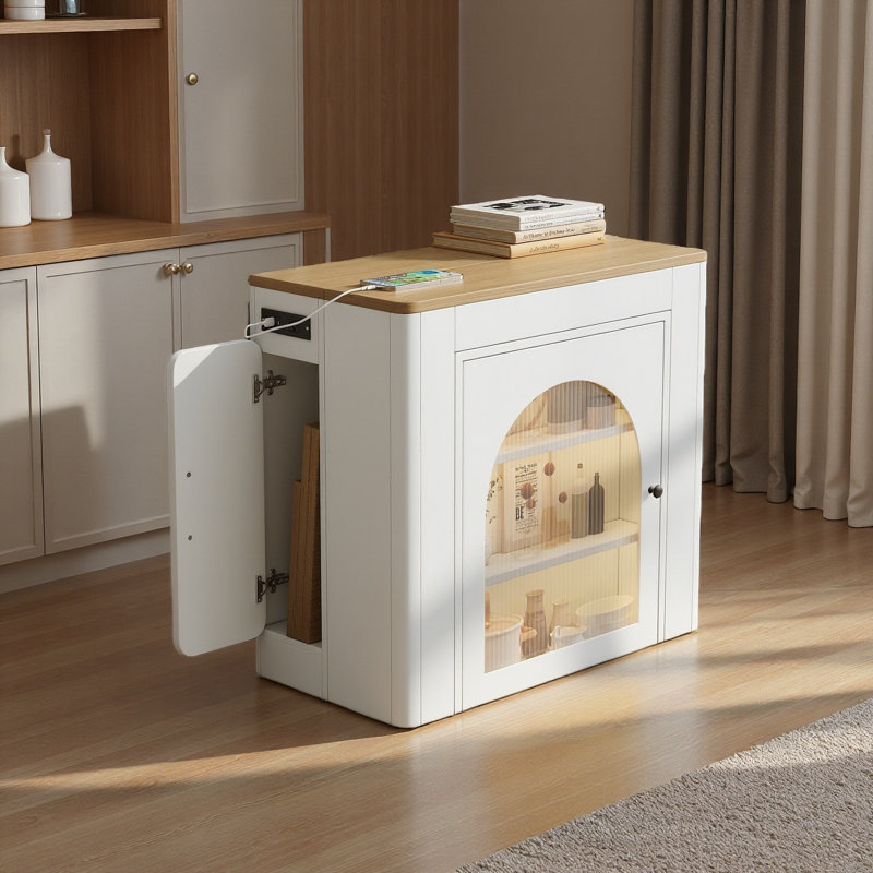 Table de salle à manger à roulettes 59 po - extensible avec 3 rallonges, prise de courant et rangement, Bois naturel / blanc