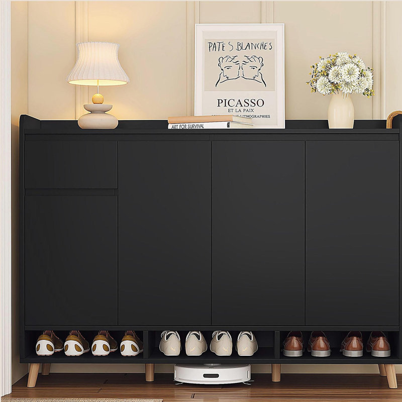 Range-chaussures avec tablettes réglables, organisateur de maison minimaliste avec pieds en bois massif, buffet de rangement pour le vestibule, salon