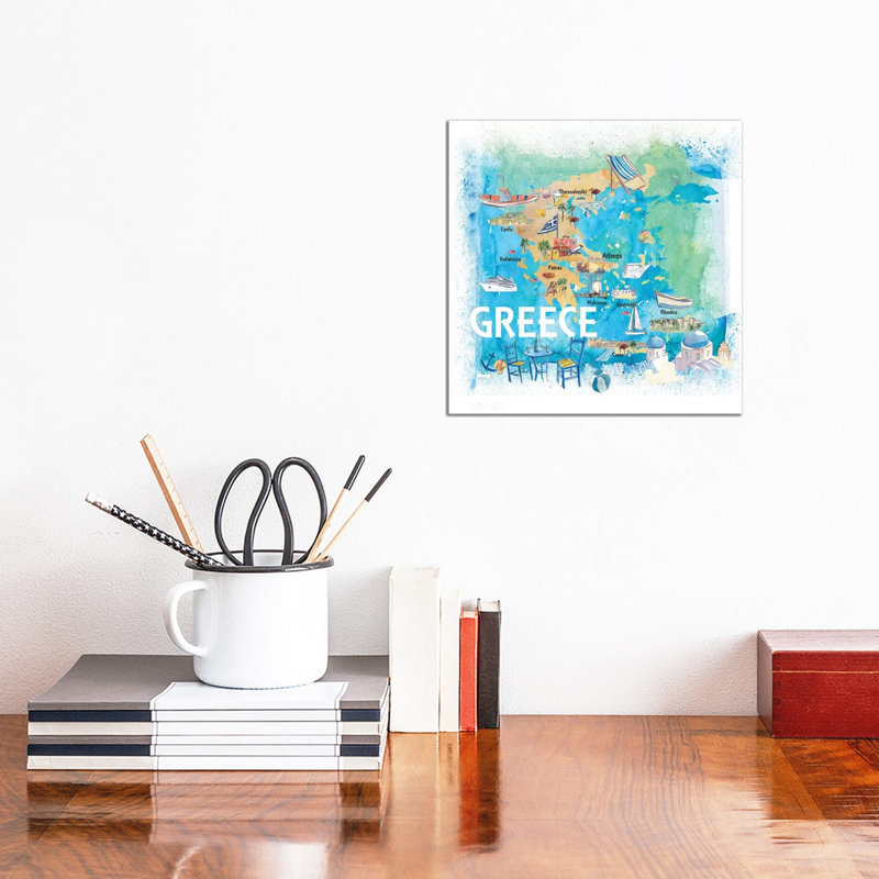 Greece Illustrated Travel Map With Landmarks And Highlights by Markus & Martina Bleichner - Wrapped Canvas Gallery-Wrapped Canvas Giclée