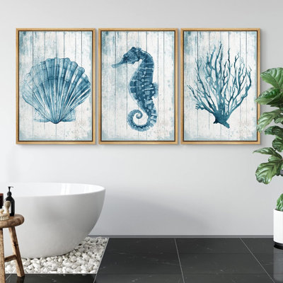 Blue Seahorse , Seashell And Coral Nautical Marine Artwork Framed Canvas Print 3 Pieces Wall Art